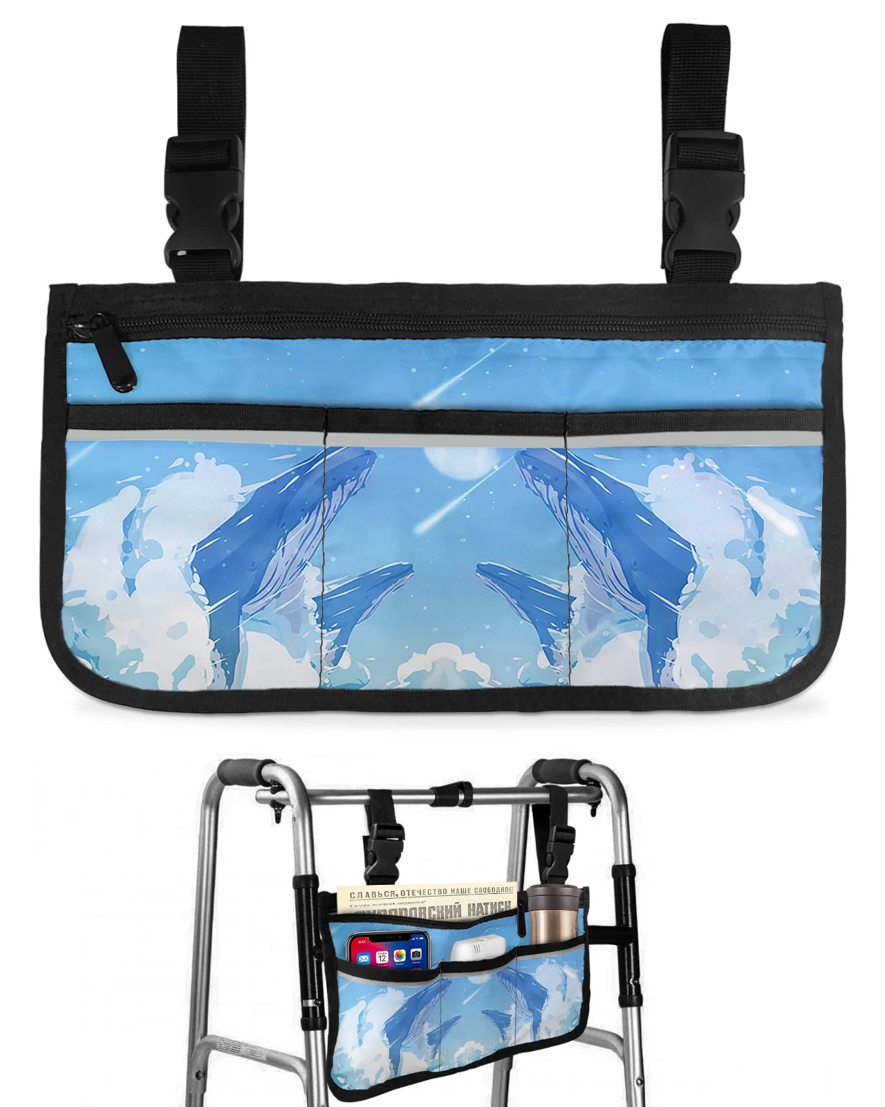 Whale Blue Sky Meteor Star Cloud Wheelchair Bag With Pockets Armrest Side Bags Electric Scooter Walking Frame Storage Pouch