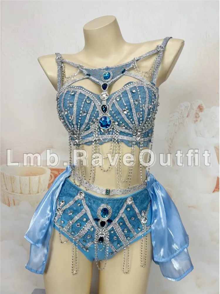 Blue Sexy Full Drill Electric Sound Bundy Bikini Crystals Costume for Women