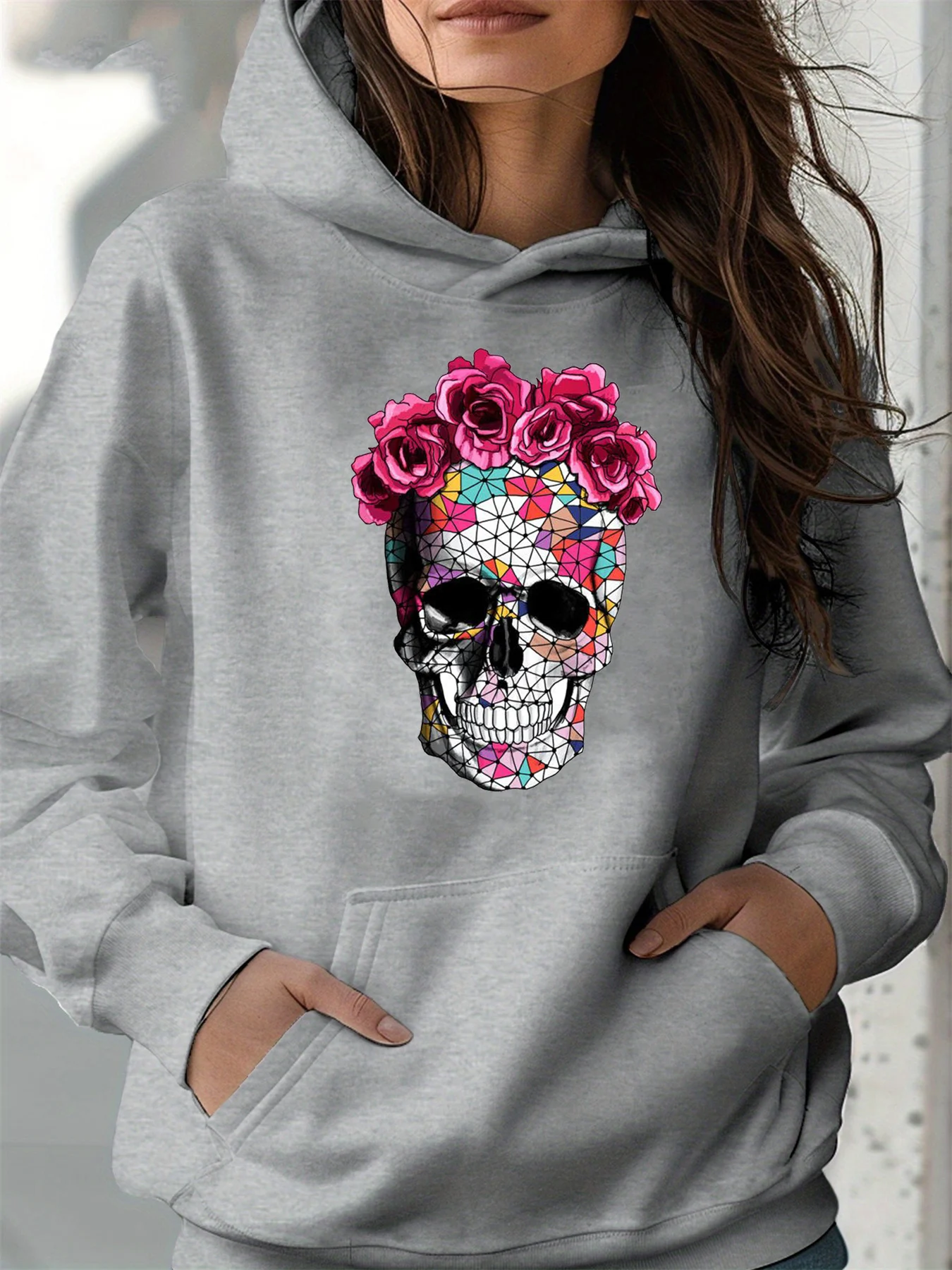 여성용 가을 겨울 따뜻하고 루즈한 캐주얼 장미 해골 패턴 프린트 긴 소매 후드티 겨울옷 여성