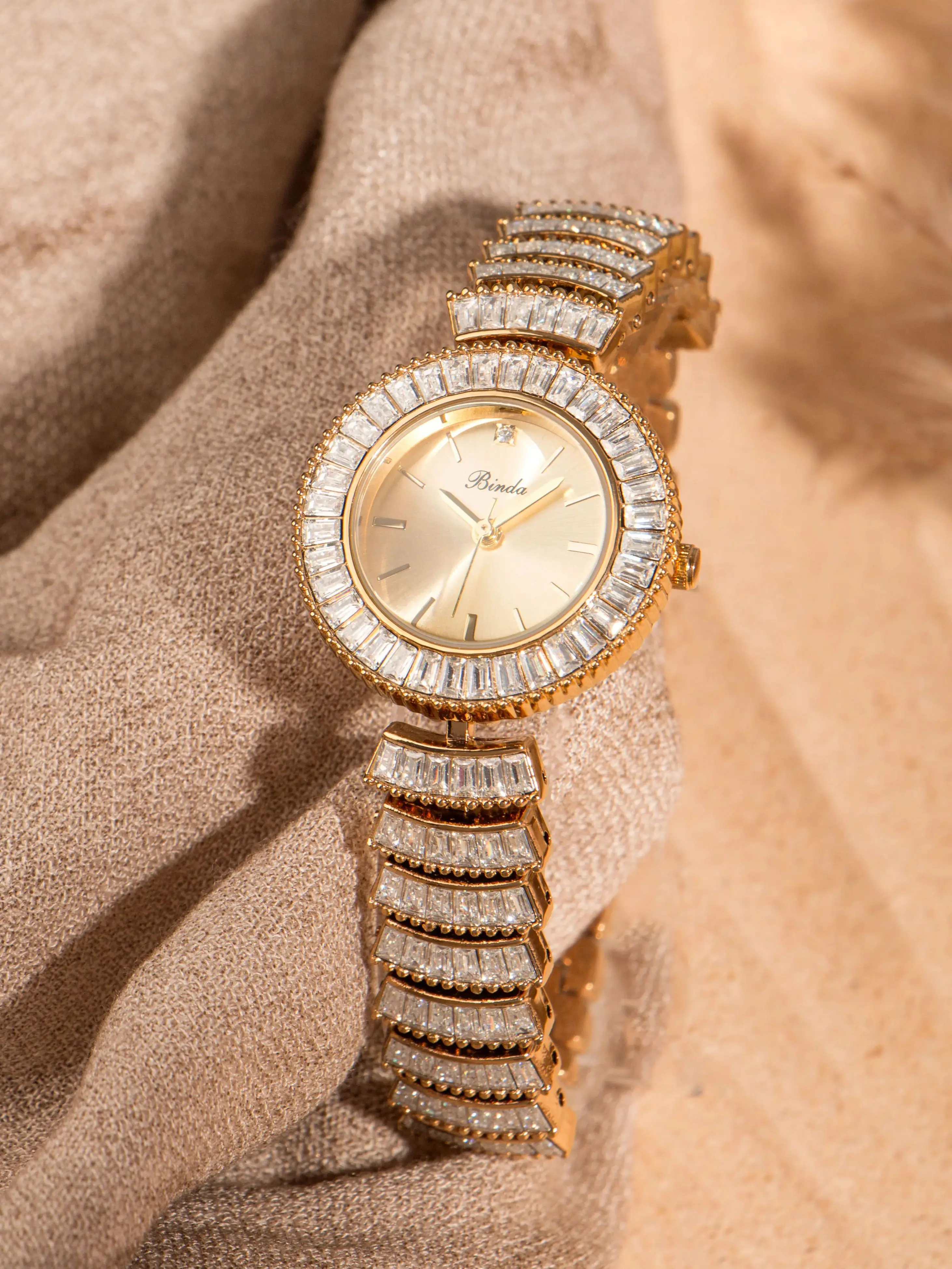 【Binda】Relógio feminino de quartzo à prova d'água com incrustação de diamante completo, design brilhante de luxo, caixa de presente, perfeito para uso diário, presente