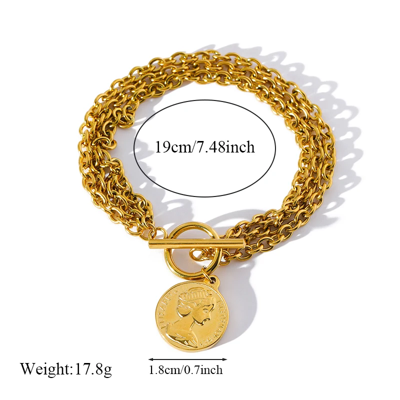 EILIECK 316L Stainless Steel Gold Color Portrait Coin Charm Bracelet Trendy Wrist Chain Jewelry For Women Girl Holiday Gifts