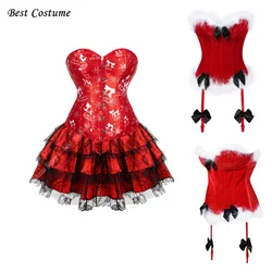 Red Corset With Skirt Christmas Costume Cosplay Women's Corset With Feathers Burlesque Santa Bodices Corset New Year