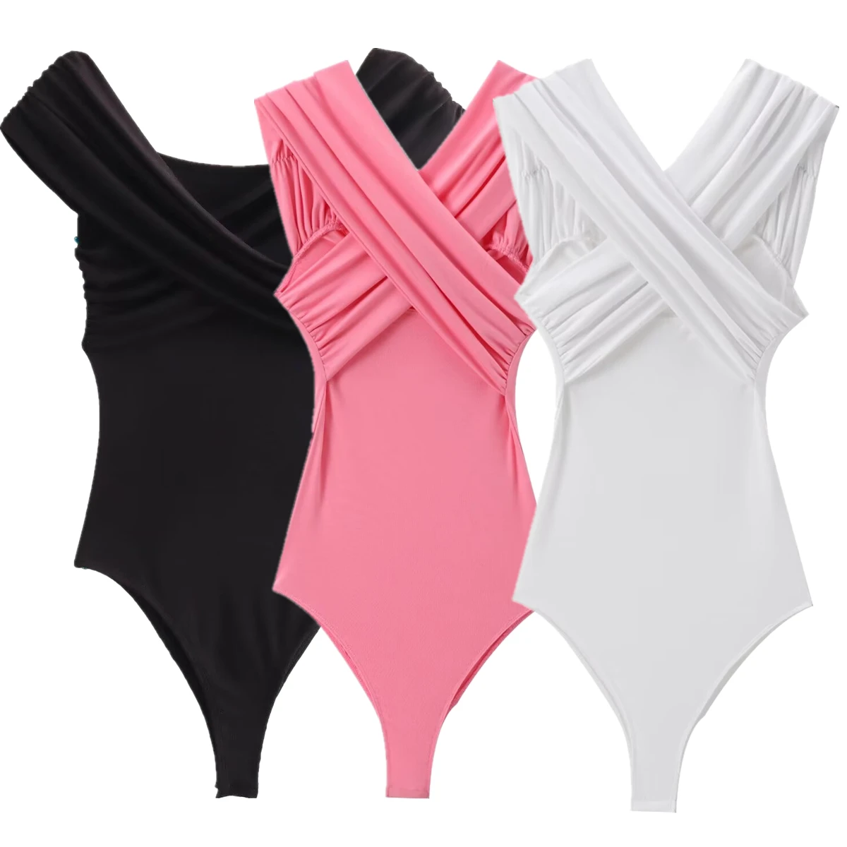 Withered Minimalist Solid Color Bodysuits Women Cross Over Jumpsuit Sexy Basic Tops