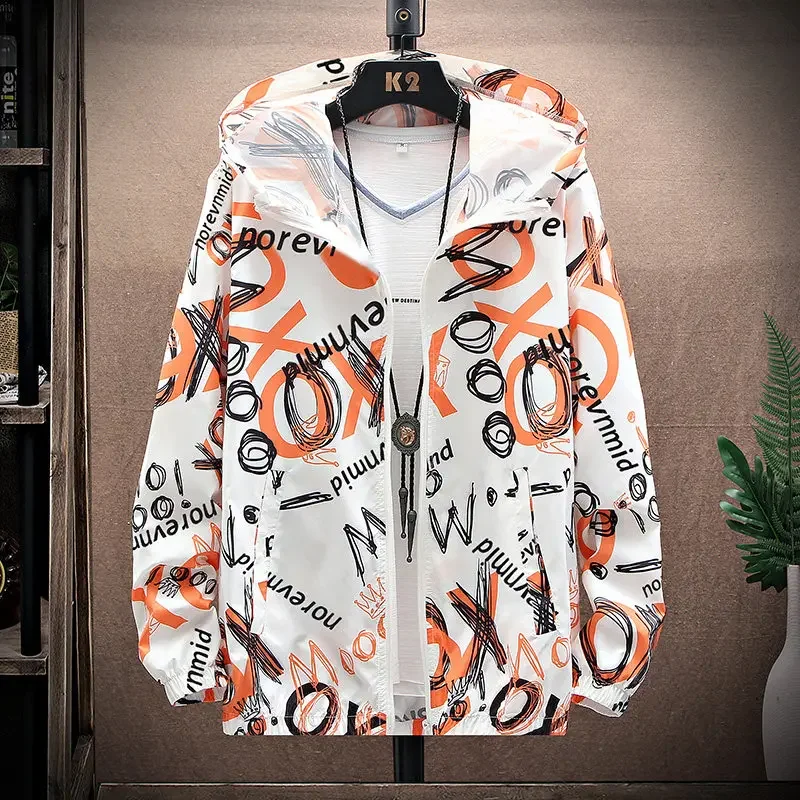 Men's New Summer Hooded Jacket Fashion Street Alphabet Art Long Sleeve Sunblock Casual Coat