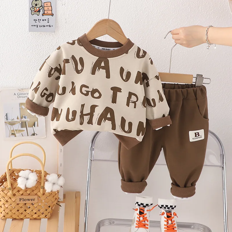 Spring Autumn 2024 Children Boys 2PCS Clothes Set Letter Printed Pullovers Solid Sticker Pants Suit Toddler Boys Outfits