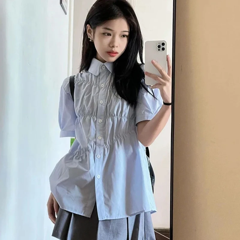 Shirt Women Blue Folds Preppy Style Turn Down Collar Short Sleeve Top Korean Fashion Solid Elegant Chic Blouse Female New