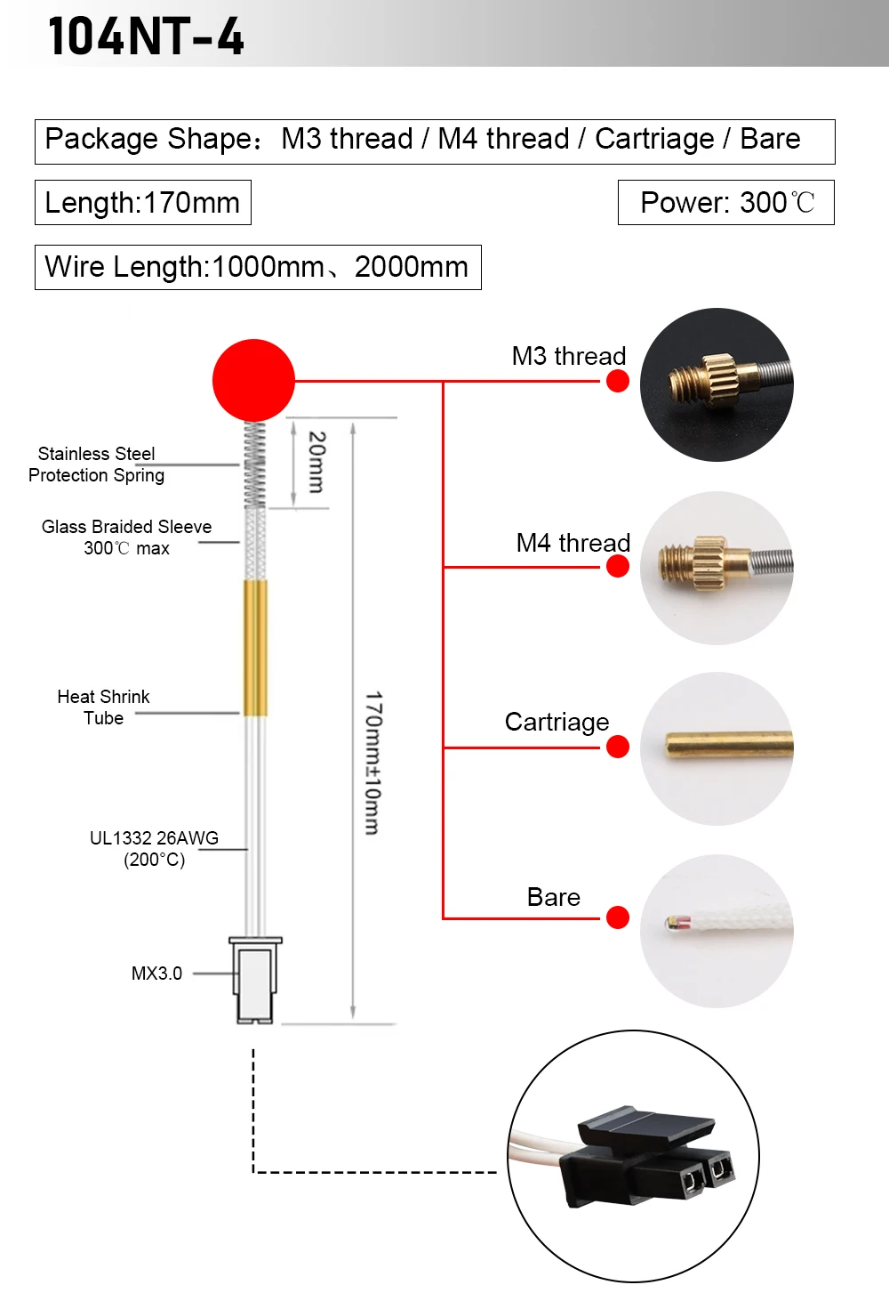 Trianglelab ® NTC 100K Ohm B3950 Thermistor-Kartuschensensor für Hohe Temperaturen bis 280°C ℃ für V6 PT100 V6 Heizblock 3D-Drucker – Detail 28