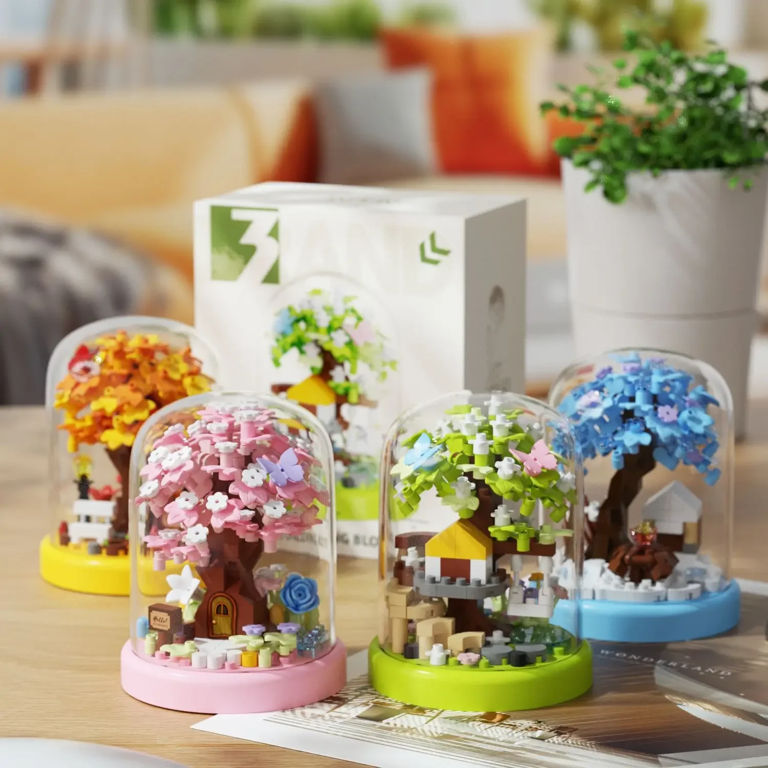 Sakura Tree House Rose Maple Potted Building Blocks with Dust Cover Bouquet Plant DIY Assembly Decoration Toy Kids Gifts