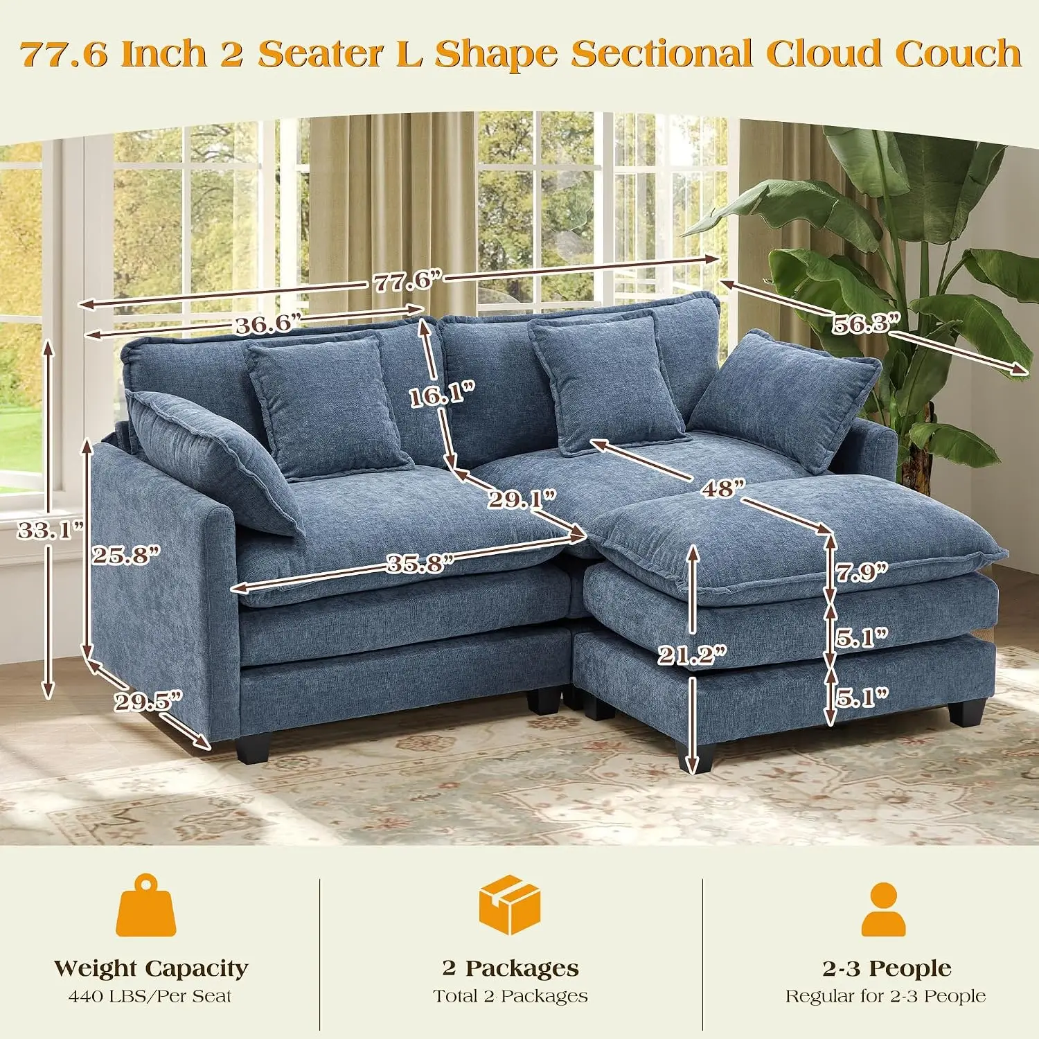 Modular Sectional Sofa Deep Seat Chenille Fabric Couch With Pillows & Ottoman For Living Room, Customized