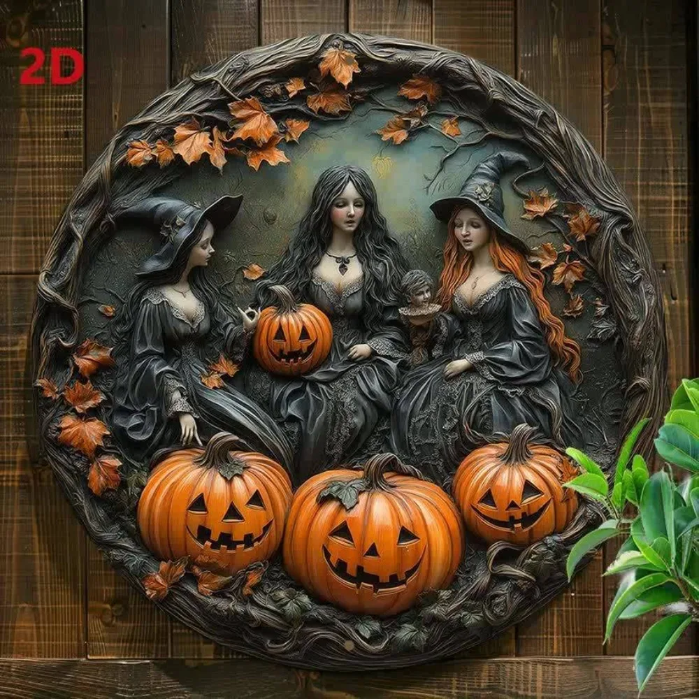 

Aluminum Halloween Witch & Pumpkin Sign - UV & Scratch Resistant, Easy-Hang Decor for Home, Garden, Living Room, 7.9"/11.8", 2D