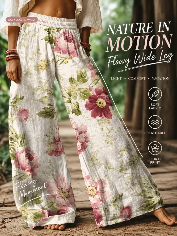 Lady's Bohemian Floral Print Elastic Waist Wide-Leg Pants, Soft and Casual Beach Resort Streetwear, Suitable for Spring and Summer Wear