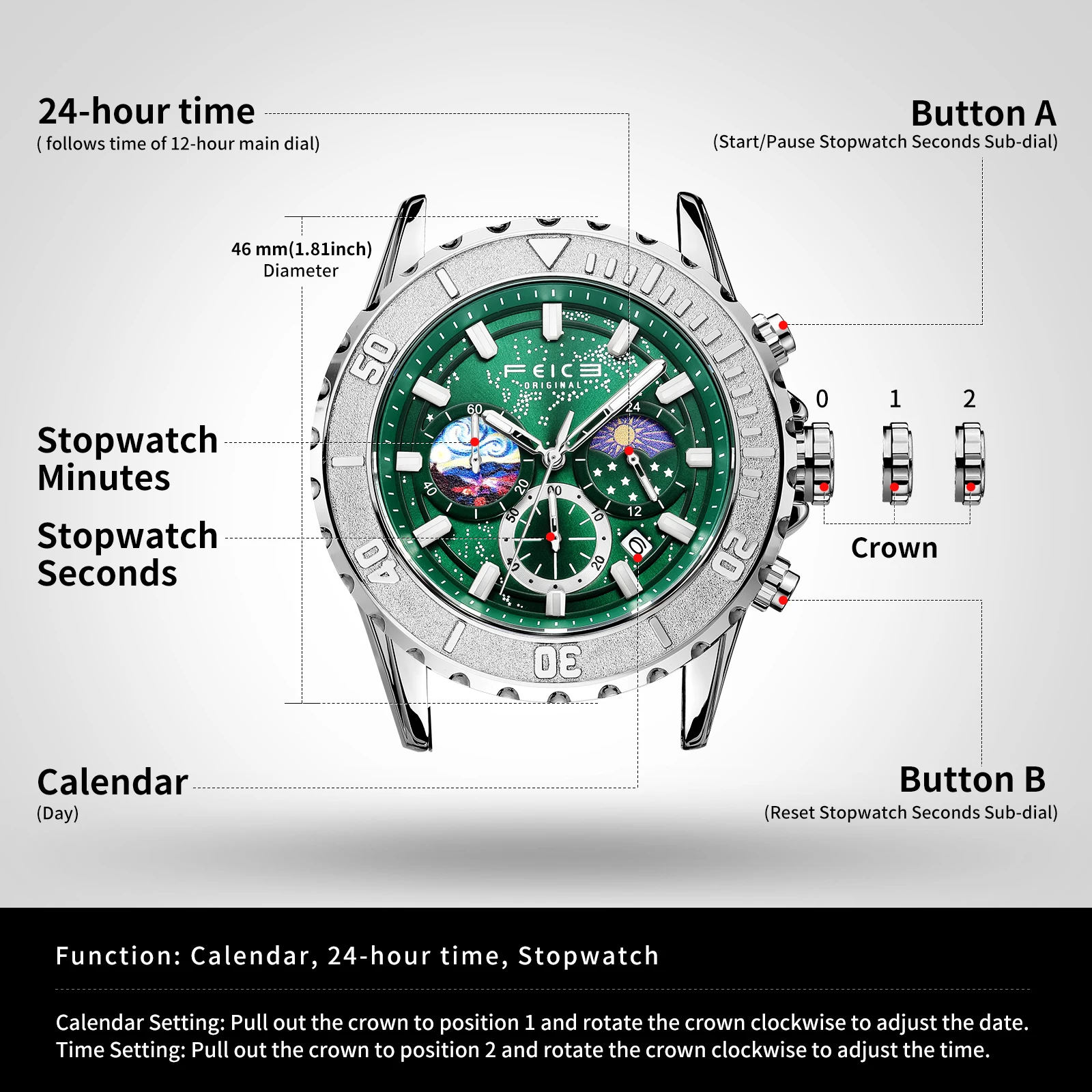 FEICE Men\'s watches Exquisite Timepiece Stunning Watch Fashion Dress Wrist Watch Moon Phase Day Date Luminous Waterproof FK131