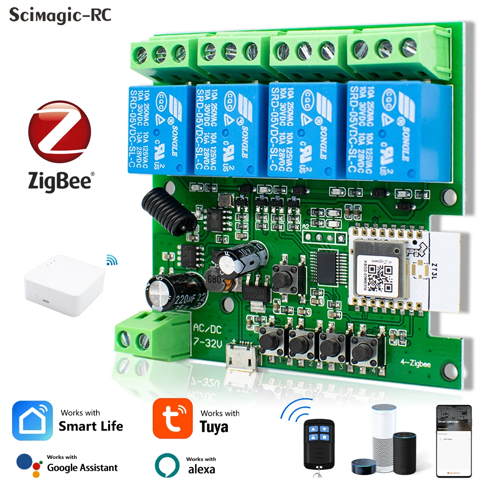 4CH Tuya Zigbee 3.0 Smart Home Relay DC 12V 24V 32V 110V Motor Switch Module 4 Channel Radio RF Remote Control Work With Alexa