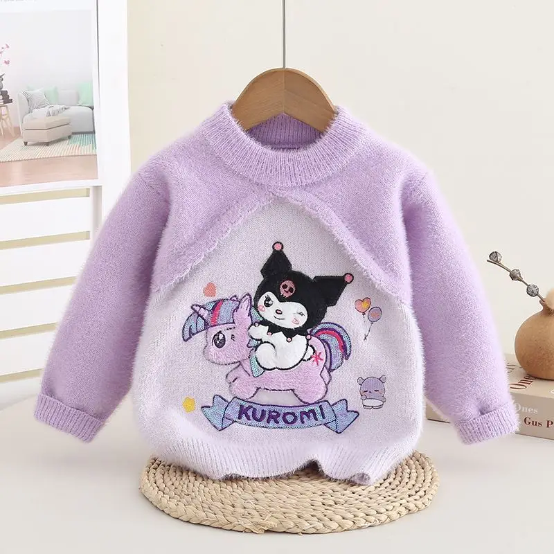 

Kawaii осенний детский свитер Kuromi Melody Sanrio аниме для девочек с героями мультфильмов, утепленный теплый базовый слой с круглым вырезом, трикотаж