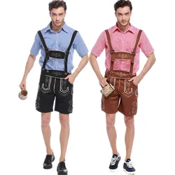 Red Blue Traditional Oktoberfest Lederhosen Beer Festival Men's Costume Germany Bavarian Adult Male Suspenders Shorts Outfit