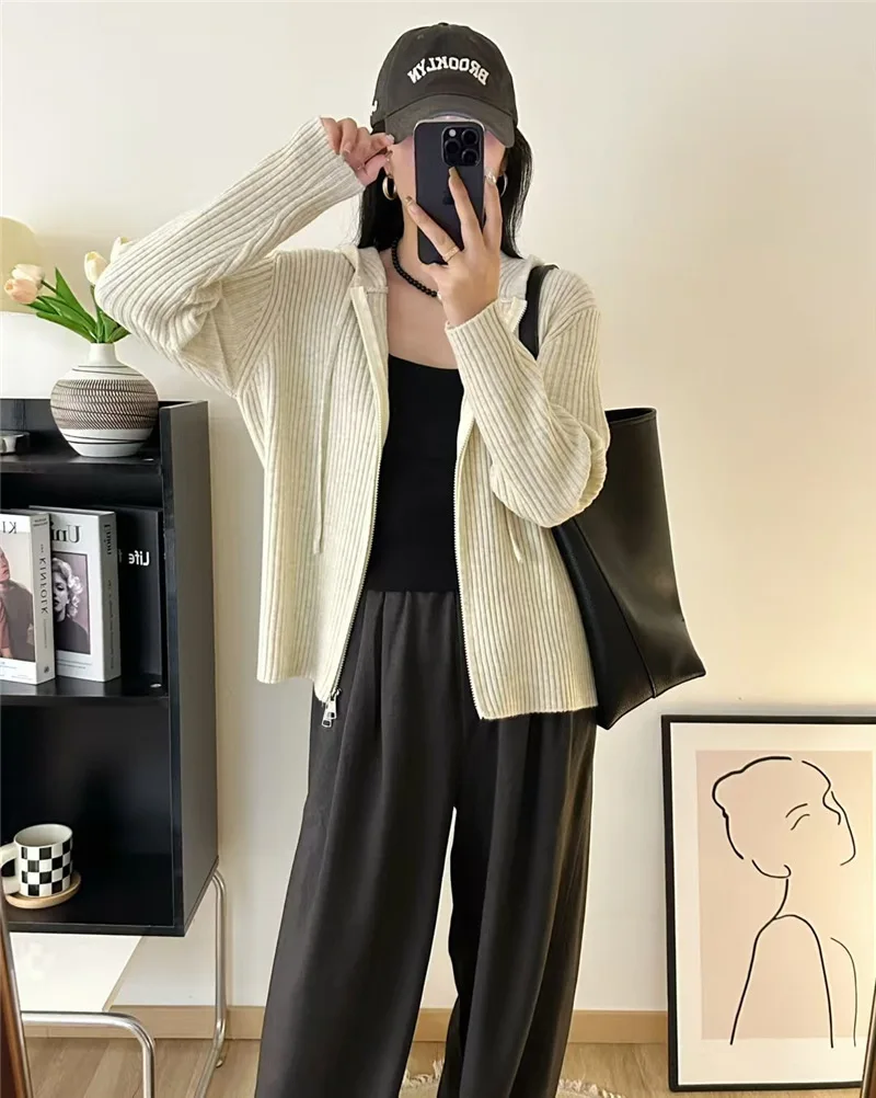 Korean Style Women's Hooded Sweatshirt Jacket 2025 Autumn New Solid Loose Knit Zip Up Hooded Cardigan Y2k Streetwear Women