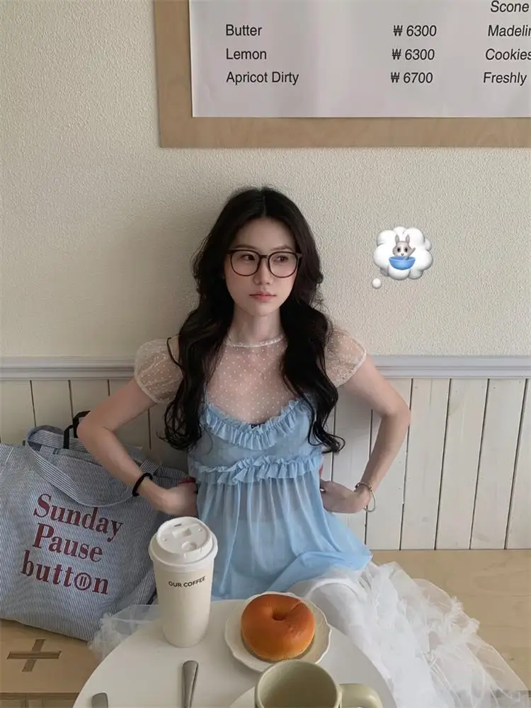 Korean Style Soft Atmosphere Polka Dot Mesh Short Sleeve T-Shirt Outerwear Strap Unique Beautiful Top for Spring 2026