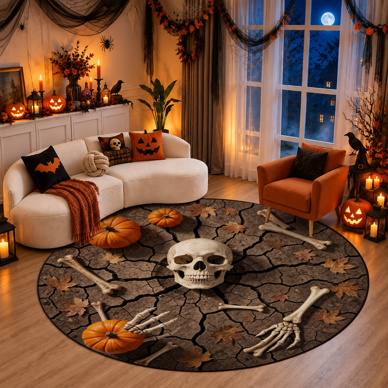 Skull Bones Pumpkin Autumn Crack Pattern Round Velvet Rug Machine Washable for Living Room Bedroom Entryway Halloween Thanksgiving Black Friday Cyber Monday Christmas New Year