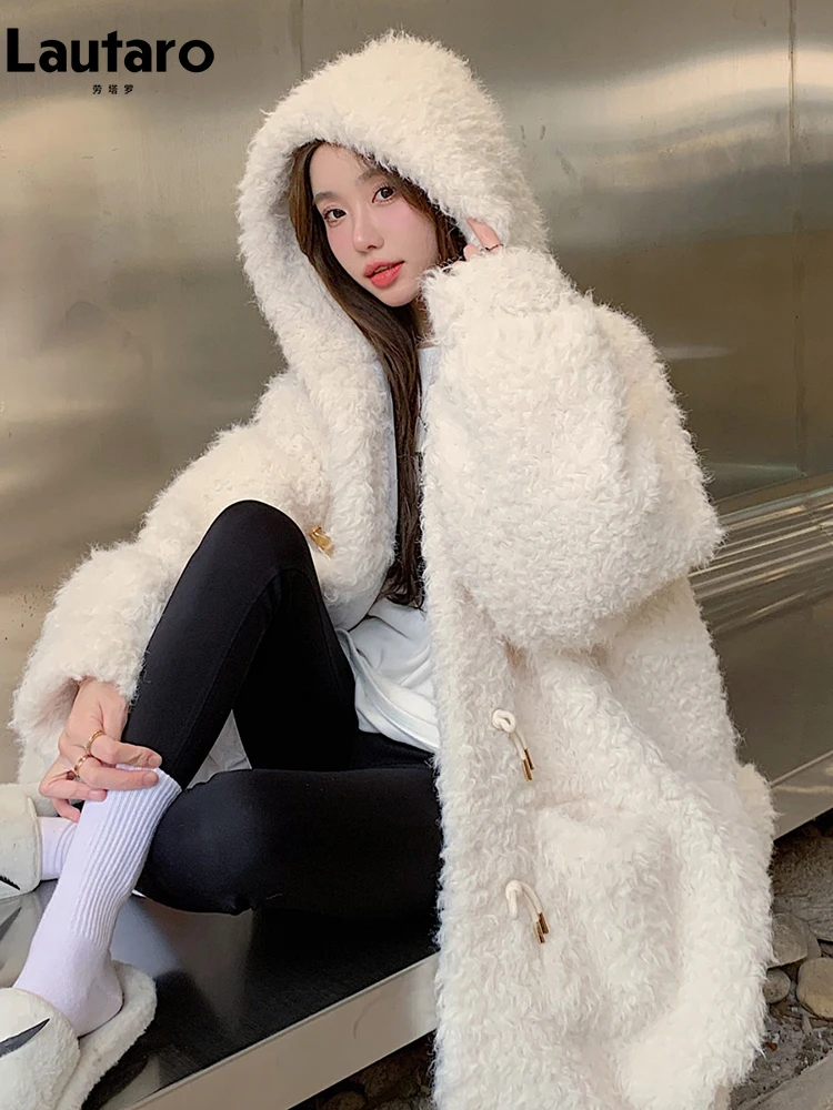 Lautaro Winter Long Loose Casual Soft Thick Warm Fluffy Faux Fur Coat Women with Hood Horn Button Pockets Fuzzy Jacket 2023