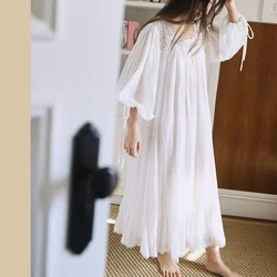 White Fairy Pure Cotton Full Sleeve Nightgown Vintage Victorian Princess Long Sleepwear Sweet Winter Square Collar Nightdress