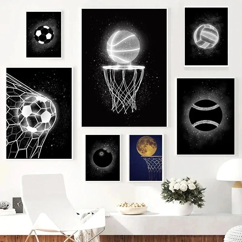 Neon Black White Basketball Football Volleyball Posters Canvas Painting Nordic Sports Wall Art Picture for Kid Room Gym Decor