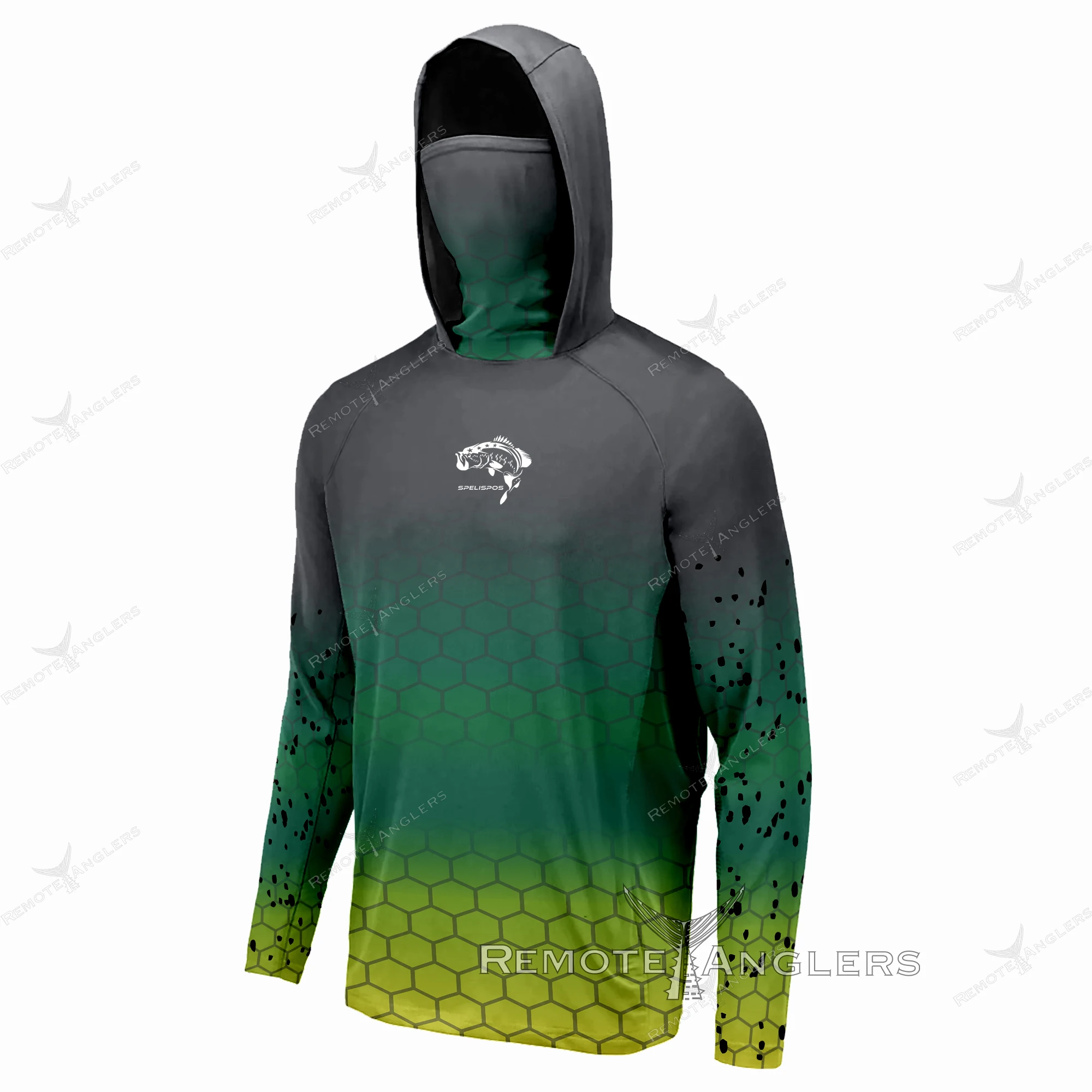 

Men Fishing Hoodie Green Shirts Neck Mask Long Sleeve Camouflage Fishing Apparel Cap Breathable UV Protection Angling Jersey