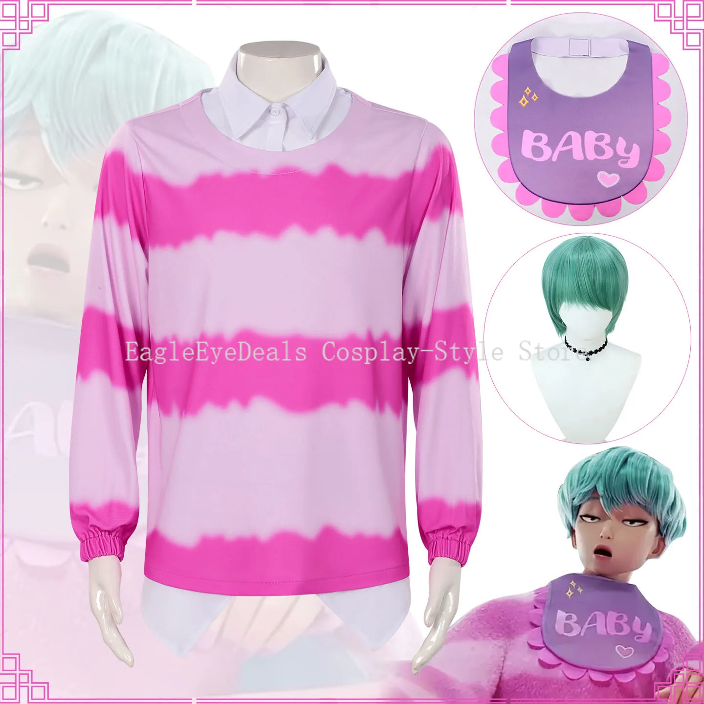 Kpop شيطان الصيادين طفل أطفال الكبار ساجا بنين تأثيري حلي الوردي مجموعة كاملة شعر مستعار تي شيرت مريلة لعب الأدوار هالوين لصبي رجل