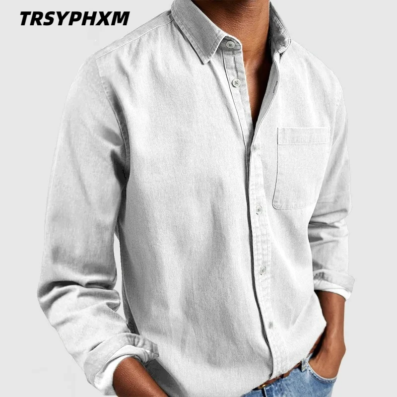 TRSYPHXM 2025 nueva camisa de hombre nueva camisa de material de poliéster de solapa de manga larga para hombre