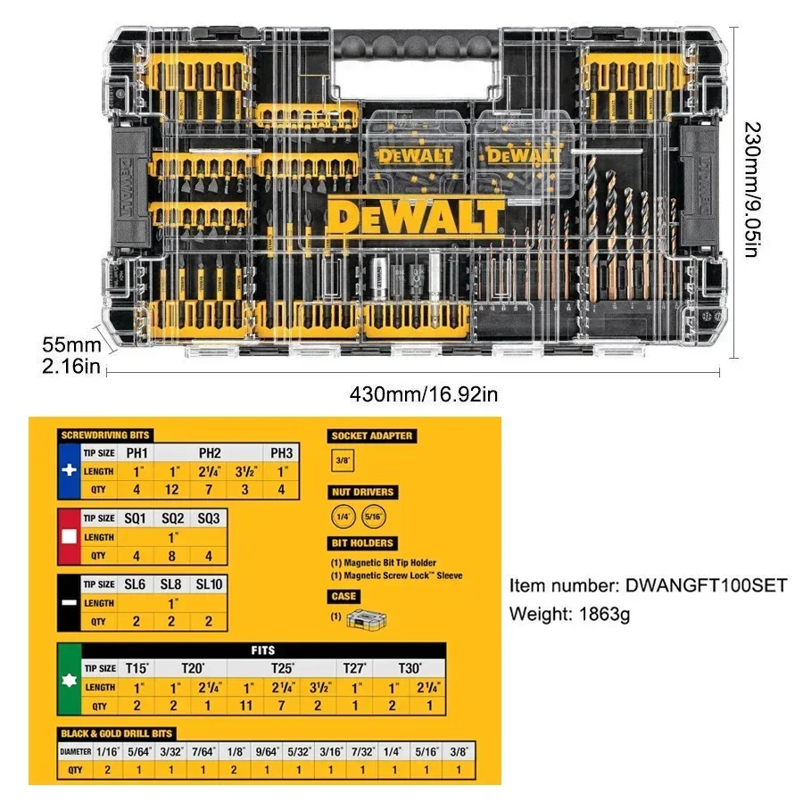 DEWALT FlexTorq 100PCS Impact Drill Bit Set with Storage Box Power Tool Accessories DWANGFT100SET destornilladores de precision