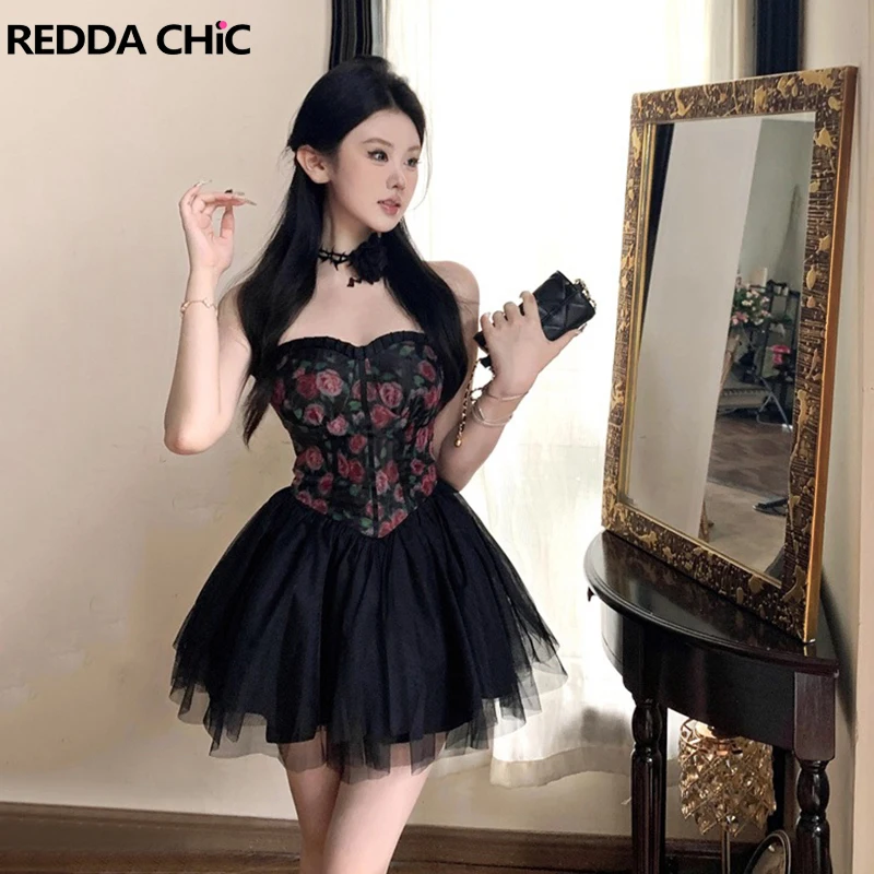 REDDACHiC Floral Frilly Corset Dress Women Sweetheart Puffy Mesh Tutu Strapless Ruffle Princess Dress Medieval Retro Clothes