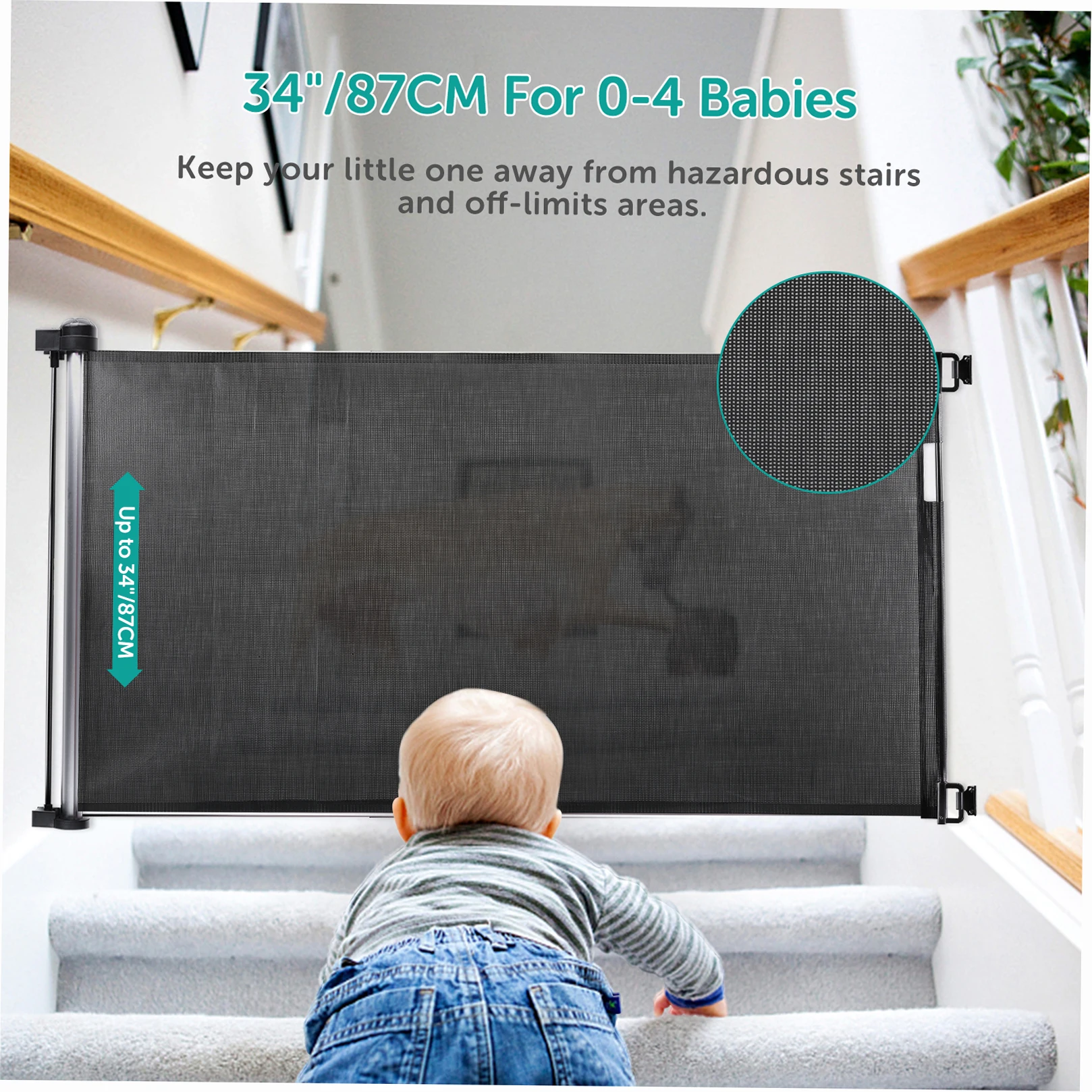 Retractable Baby Safety Gate 34 inch Tall Extends to 61 inch Wide Indoor Outdoor Baby Gate Safety Barrier Mesh Fence Black