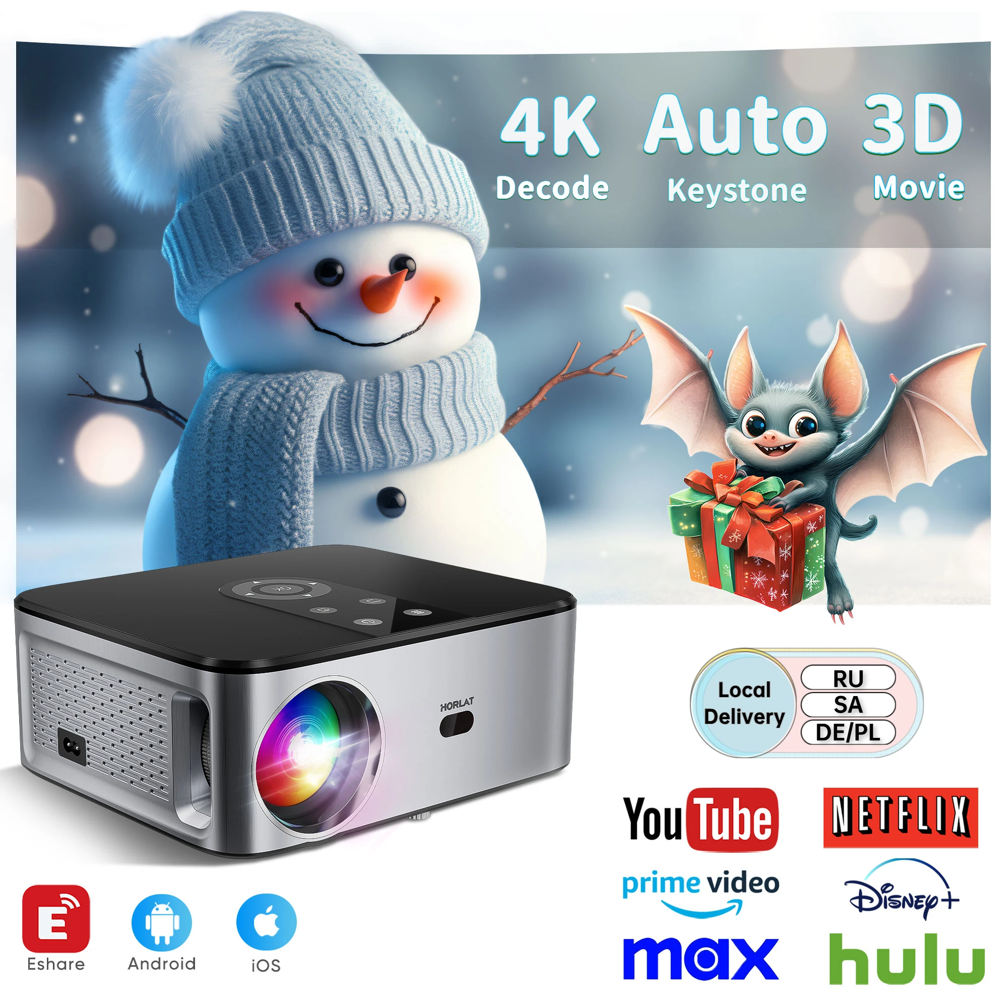 HORLAT-Proyector LED 3D para cine en casa, dispositivo de proyección portátil de 21000 lúmenes, con Android, 4K, Full HD, 1080P, WiFi 5G