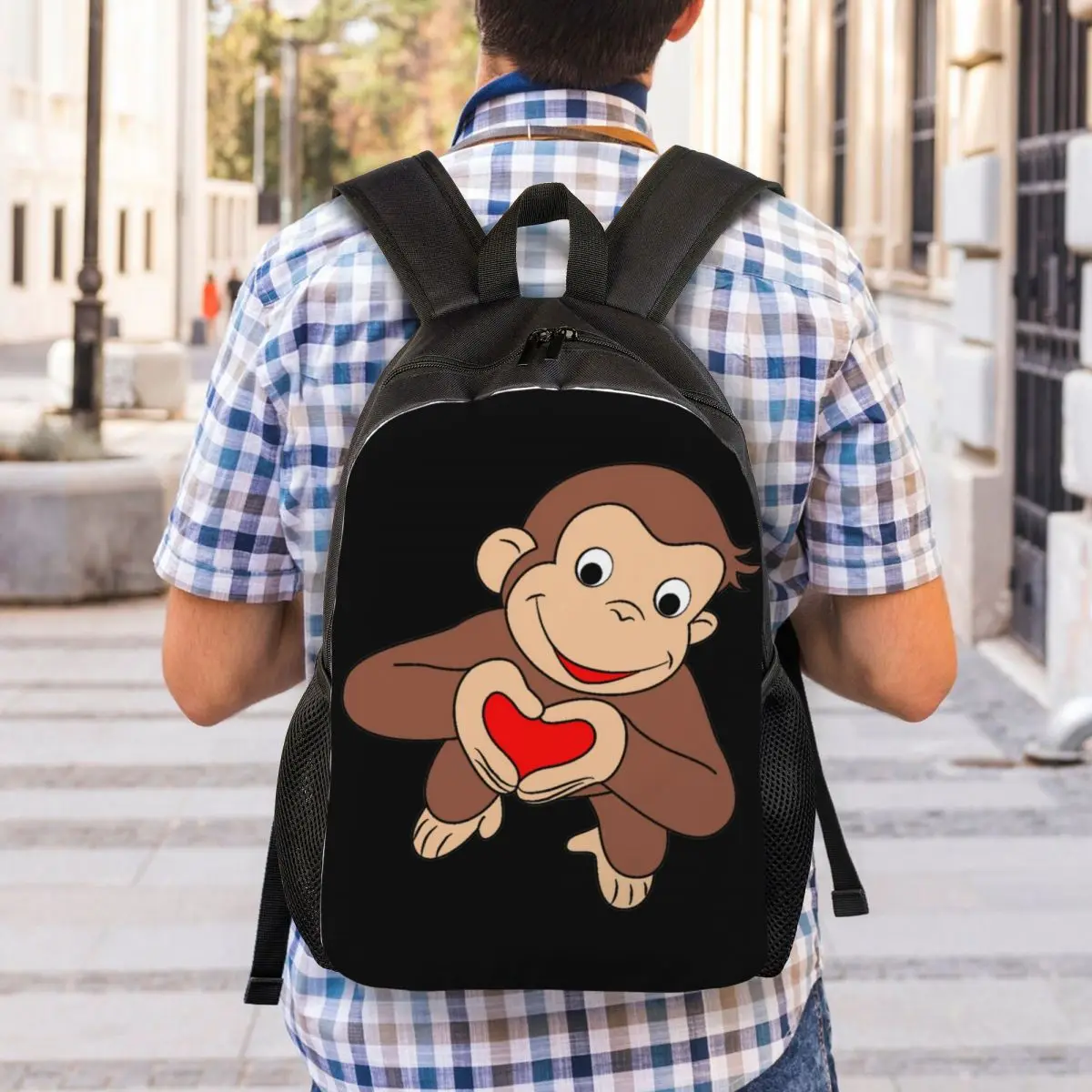 Curioso George é todas as mochilas coração para mulheres e homens, Escola College Students Bookbag, Fits 15 Polegada Laptop, Monkey TV Series Bolsas