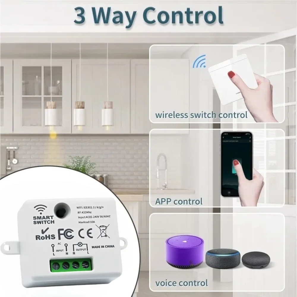 KEBIDU Tuya WiFi inteligente interruptor 433Mhz Control remoto RF 86 Panel de pared interruptor Mini receptor de relé 220V para el hogar lámpara de luz Led ventilador