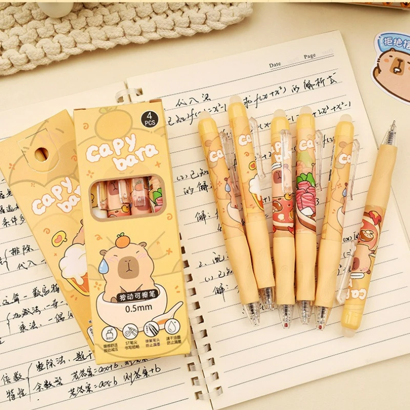4Pcs Capybara Pattern Erasable Press Gel Pens Set 0.5mm ST Nib Erasable Ink Pens Cute  Student Office Writing Stationery Supplie