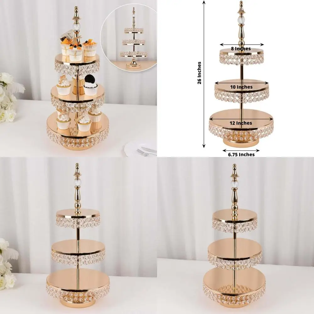 

3-Tier Crystal Beaded Gold Metal Cake Stand, Cupcake Tower Dessert Display Stand with Round Mirror Top, 26 Inches Tall