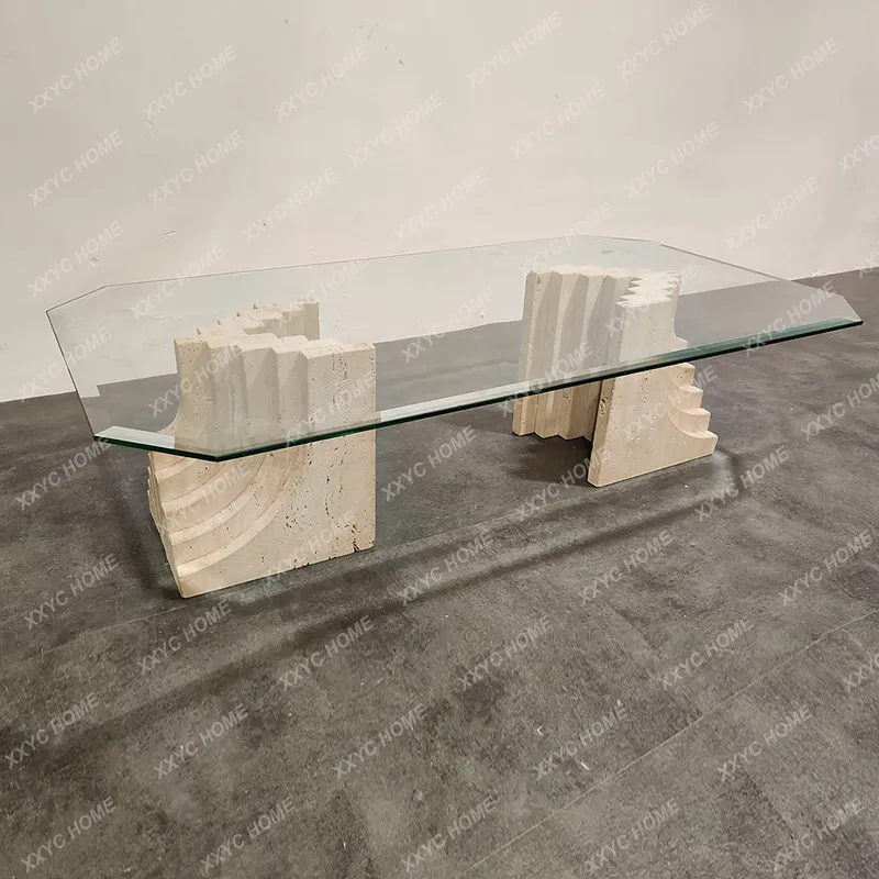 Natural travertine tempered glass coffee table home silent wind model house living room light luxury coffee table