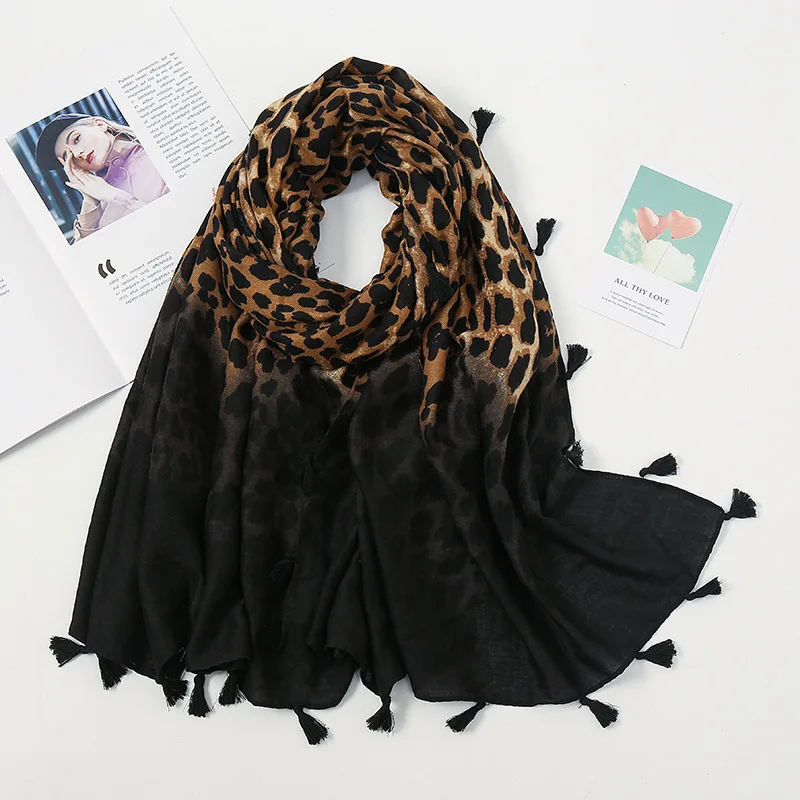 Leopard Print Scarf for Women Large Shawls Design Hijab Echarpe Print Tassel Scarves Lady Beach Stole Muffler Foulard Pareo