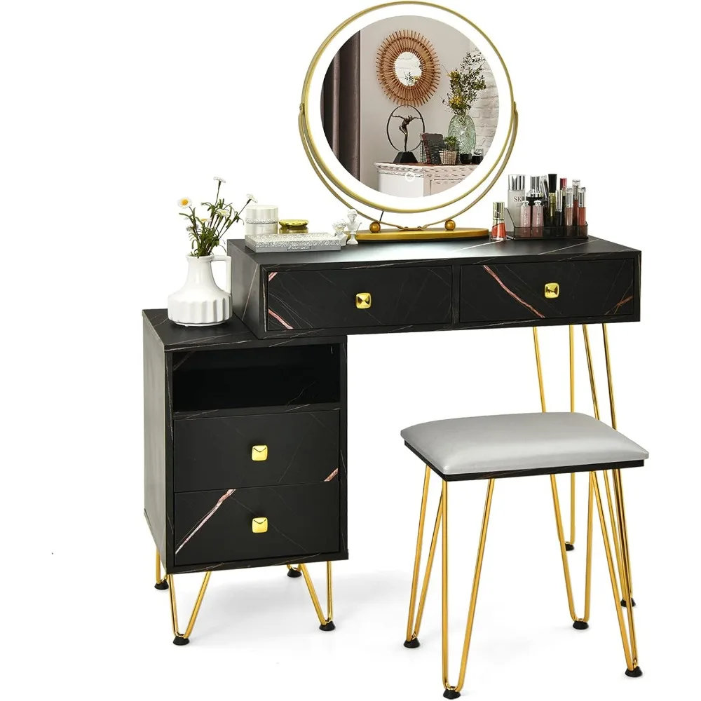 Vanity Desk with Reversible Side Cabinet, Makeup Vanity Table with Lighted Mirror,  4 Drawers, Bedroom Dressing Table