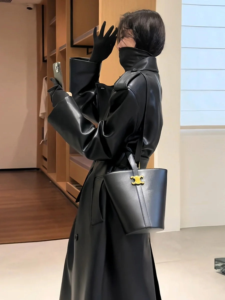 Bla – manteau en cuir mi-long pour femme, jupe cintrée à la taille, nouveau costume personnel robuste, automne