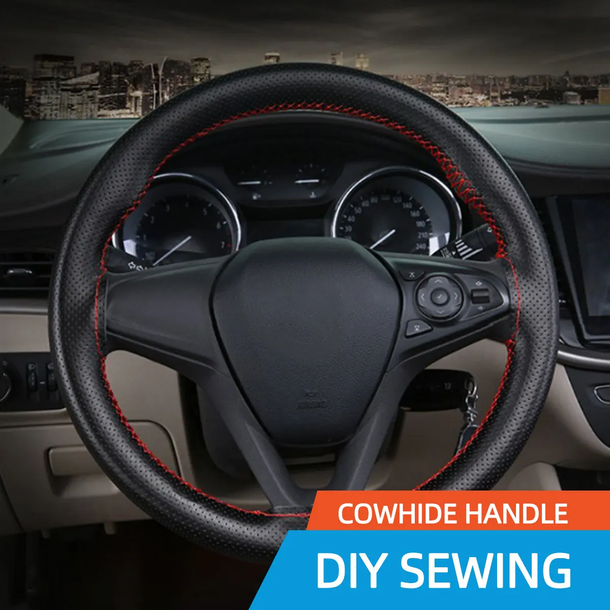 Genuine Leather Car Steering Wheel Cover with Needles Thread DIY Braid 37 38cm Anti-Slip Cowhide Steer-Wheel Protector