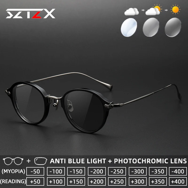 

Очки для чтения SZTZX Retro Colorful Photochromic с защитой от синего света, оправа из ацетата, титановые дужки, прогрессивные линзы по рецепту