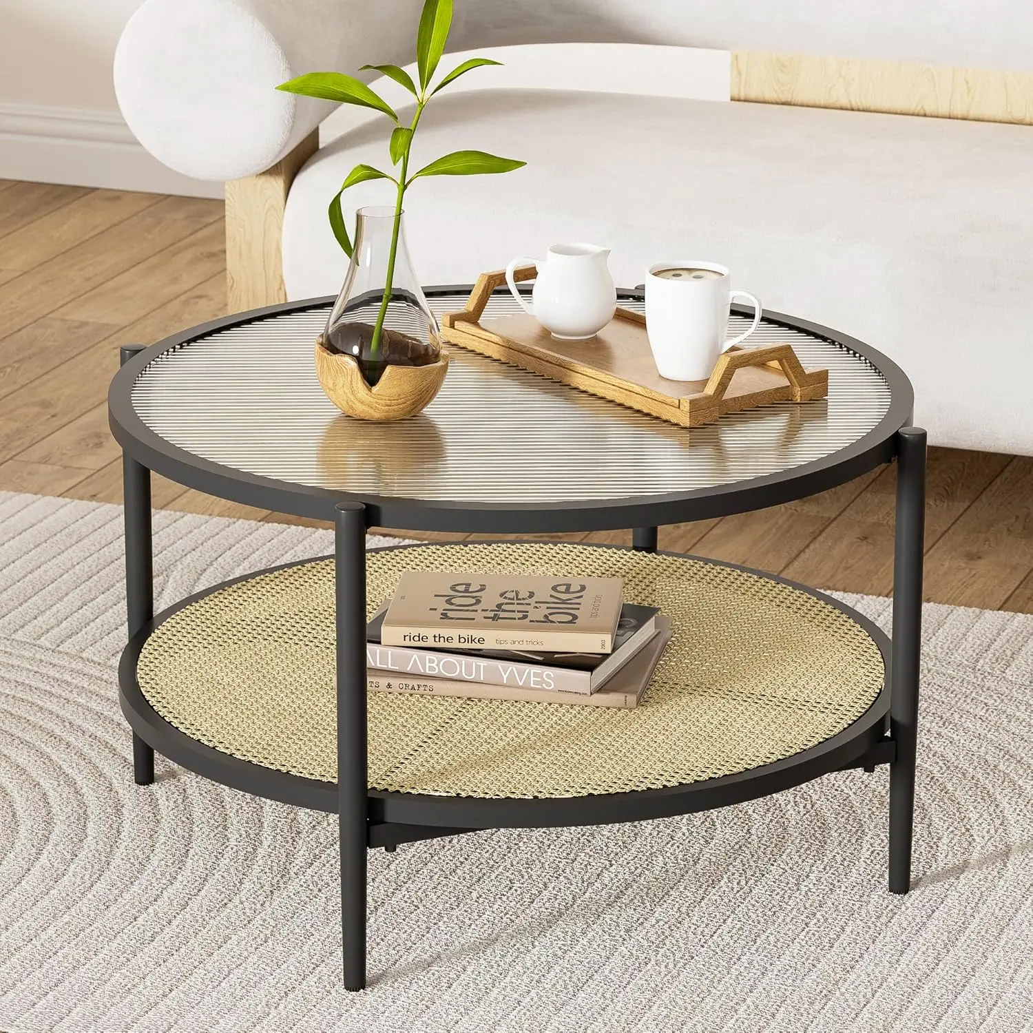 

29.5" Round Coffee Table, Black Rattan & Glass 2-Tier Modern Boho Side Table for Living Room, Mid Century Accent Table with Lowe