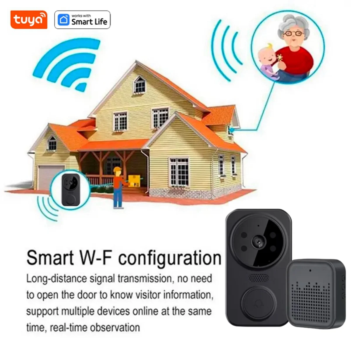 Tuya-timbre inteligente para el hogar, cámara de vídeo inalámbrica con WIFI, color negro