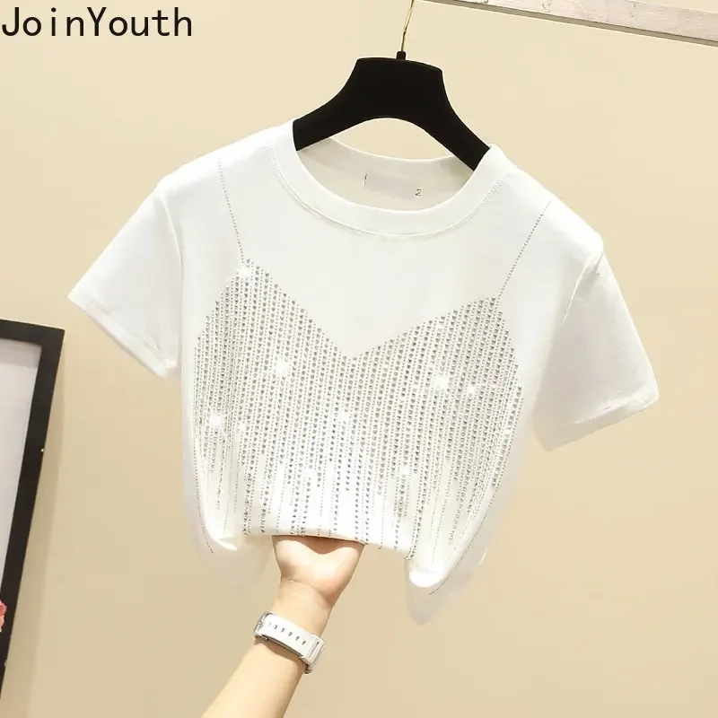 Shirts for Women Diamond Fashion Oversized Tshirts Y2k Tops 2024 Ropa Mujer Short Sleeve Fake Two T-Shirt Summer Casual Tees