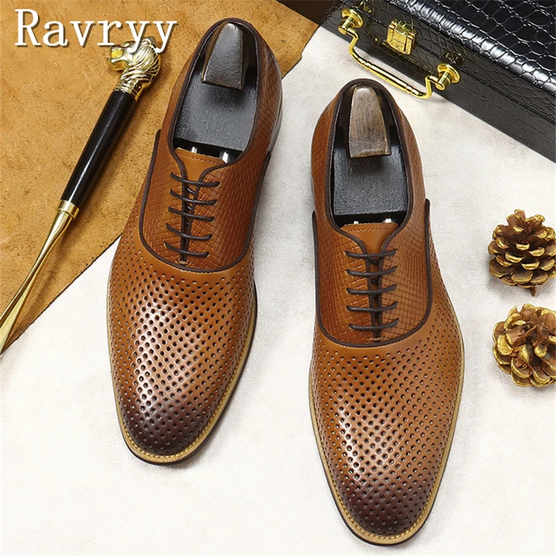 

Men Summer New Breathable Leather Shoes Round Toe Hollowed Out Cowhide Lace Up Business Wedding Dress Shoes