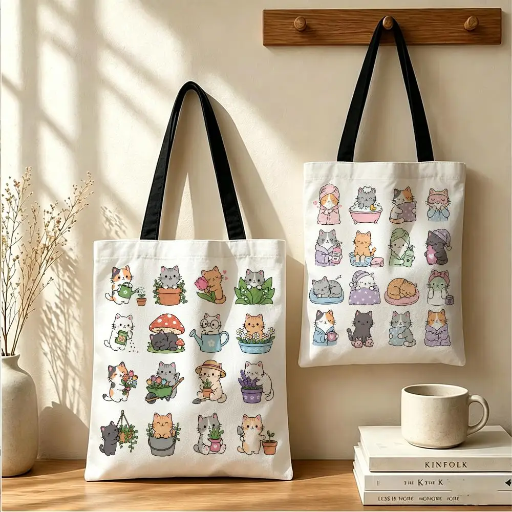 Cute Cat Collage Storage Bags Large Capacity Canvas Tote Bag Double-Sided Print Shoulder Handbag for Daily Shopping