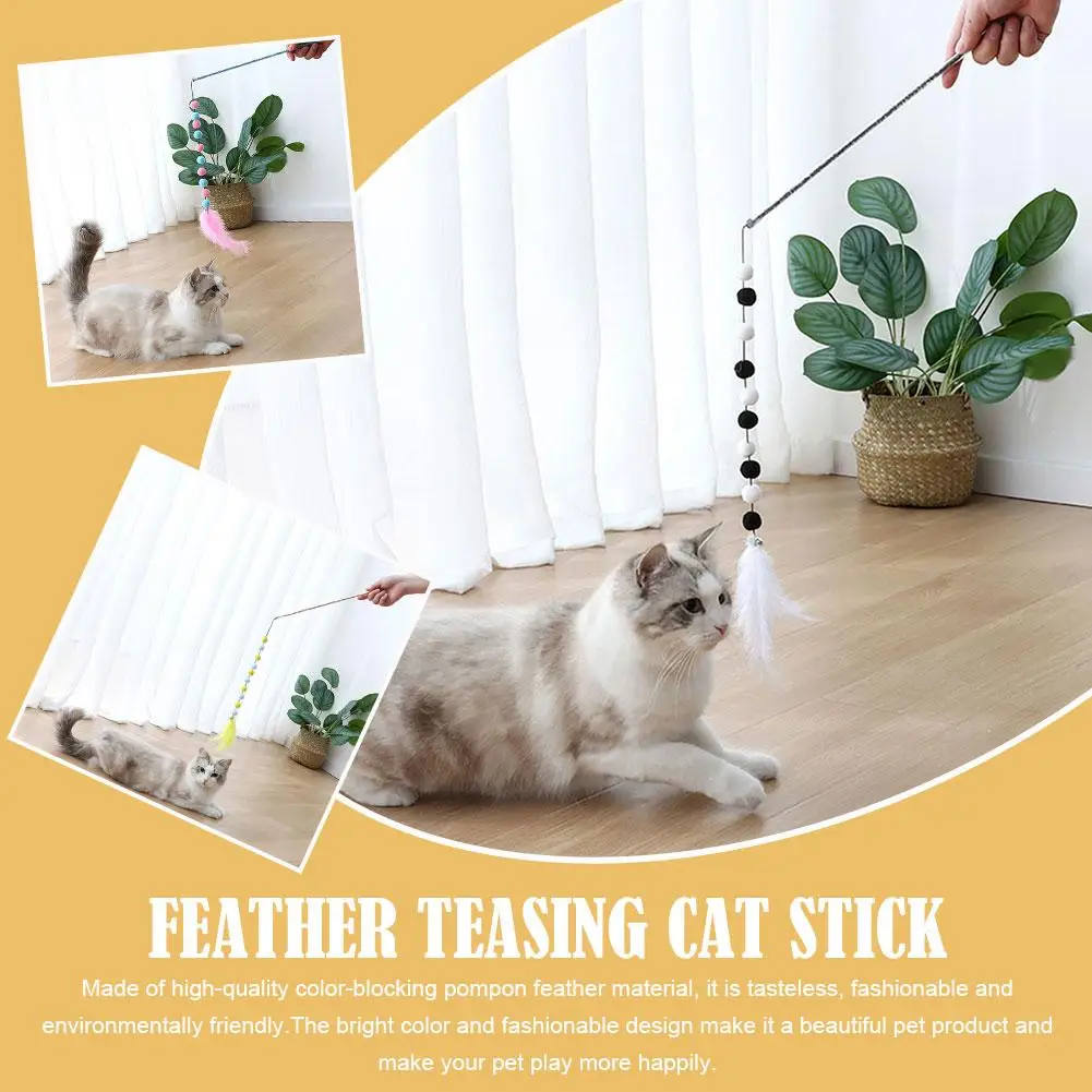 Feather Cat Teasing Stick Funny Kitten Cat Interactive Rod With Color Stick Teaser Acrylic Cat Toys Ball Random Pole I1W6