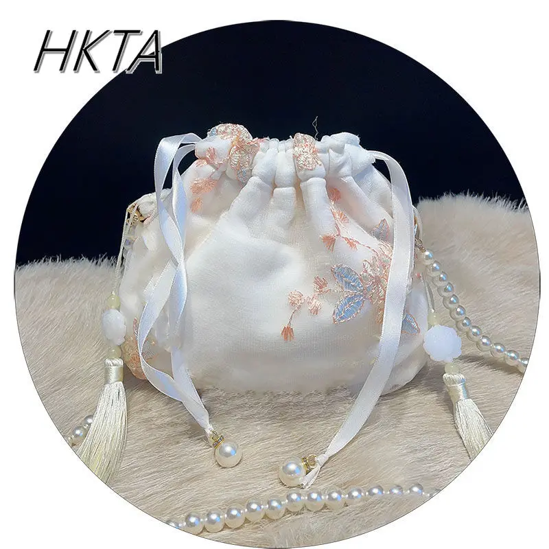 Estilo chinês bordado versátil balde portátil hanfu saco de cosméticos das mulheres lolita doce portátil pérola corrente bolsa de ombro menina