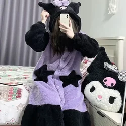 Sanrio Kuromi cute cartoon girl autumn and winter comfortable and soft wearable mid-length coral velvet warm home wear nightgown